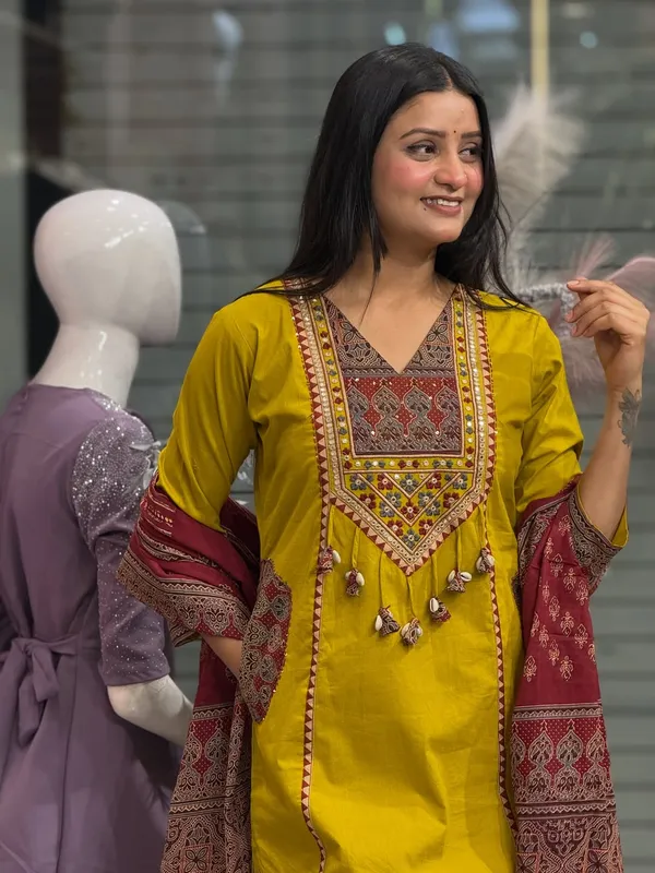 Yellow_Cotton_Ajrakh_Patchwork_Kurta_Set_For_Women