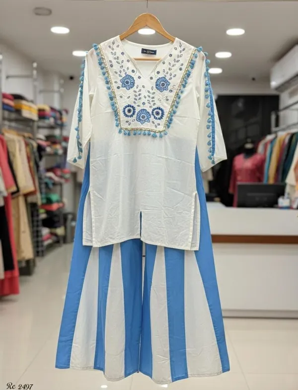 Blue_&_White_Floral_Embroidered_Kurta_and_Paneled_Palazzo_Set