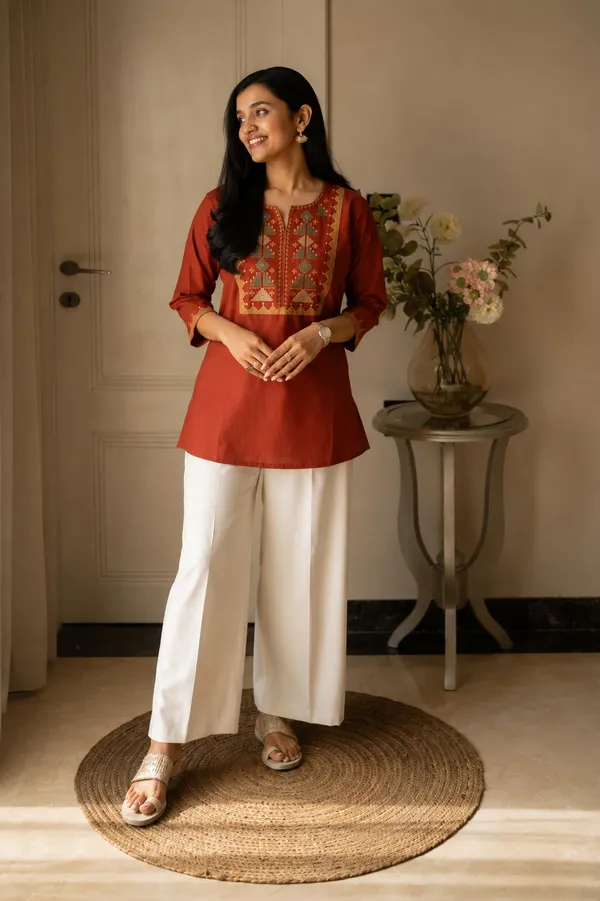 Elegant_Rust_Cotton_Short_Kurta_with_Geometric_Yoke_Embroidery