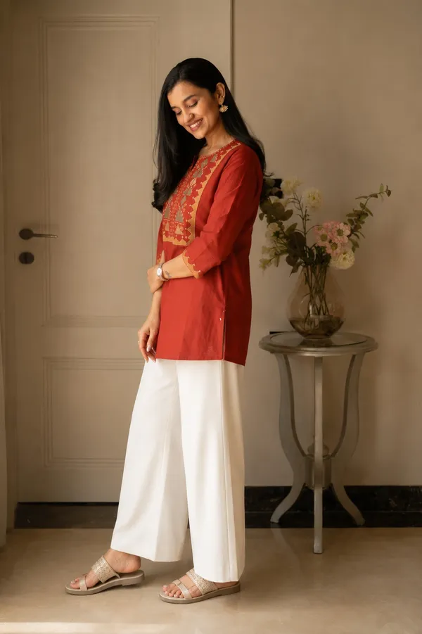 Elegant_Rust_Cotton_Short_Kurta_with_Geometric_Yoke_Embroidery