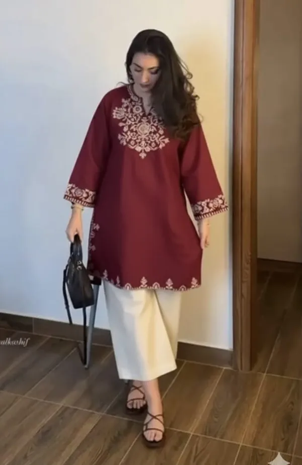Maroon_And_White_Cotton_Embroidered_Kurta_Set_With_Palazzo_Pants_For_Women
