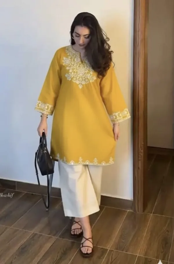 Yellow_And_White_Cotton_Embroidered_Kurta_Set_With_Palazzo_Pants_For_Women