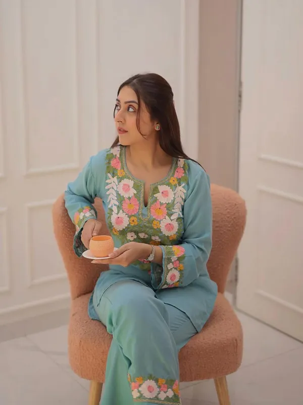 Light_Blue_Cotton_Floral_Embroidered_Kurta_Pant_Set_For_Women