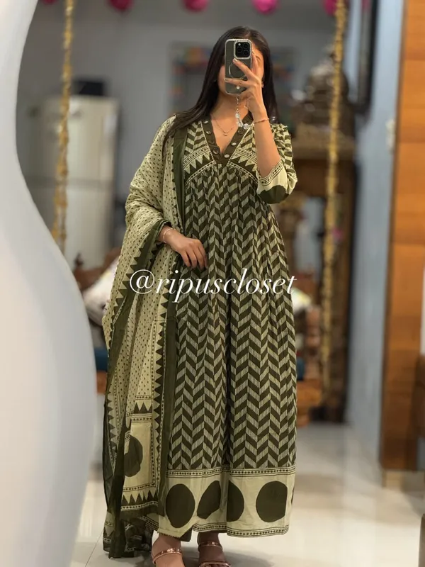 Olive_Green_Block_Print_Anarkali_Kurta_Set_With_Dupatta