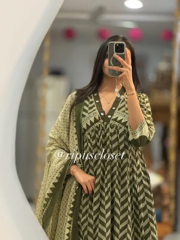 Olive_Green_Block_Print_Anarkali_Kurta_Set_With_Dupatta
