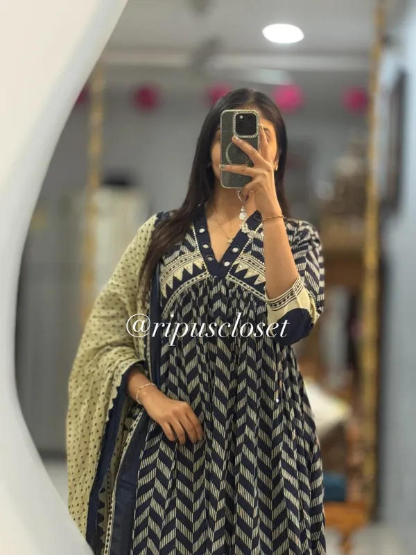 Olive_Green_Block_Print_Anarkali_Kurta_Set_With_Dupatta