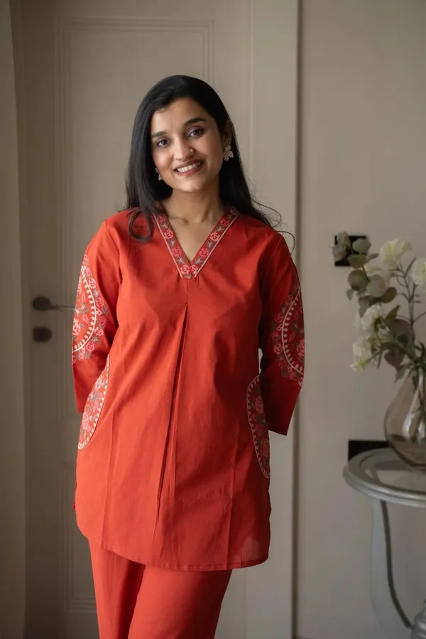 Rust_Orange_Printed_Kurta_Pant_Set