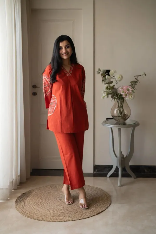 Rust_Orange_Printed_Kurta_Pant_Set
