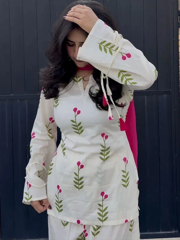 White_Floral_Print_Kurta_Set_with_Pink_Dupatta