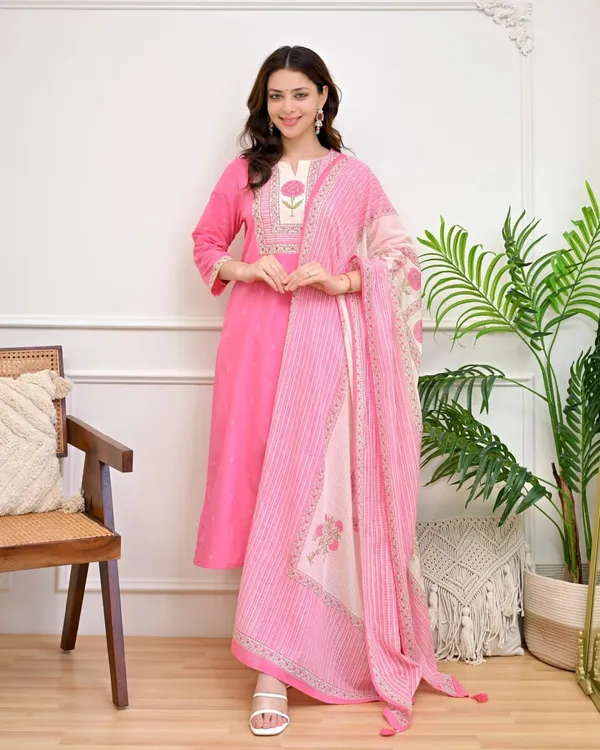 Women_Pure_Cotton_Kurta_Pant_Dupatta_Set_(Pink)