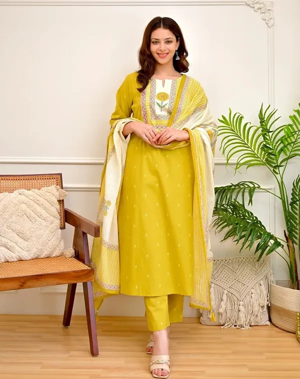 Women_Pure_Cotton_Kurta_Pant_Dupatta_Set_(Yellow)