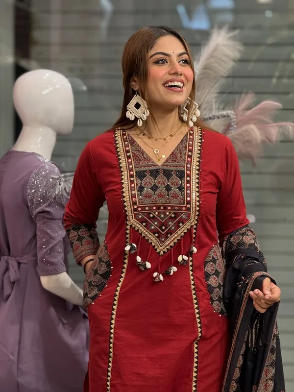 Red_Cotton_Ajrakh_Patchwork_Kurta_Set_For_Women