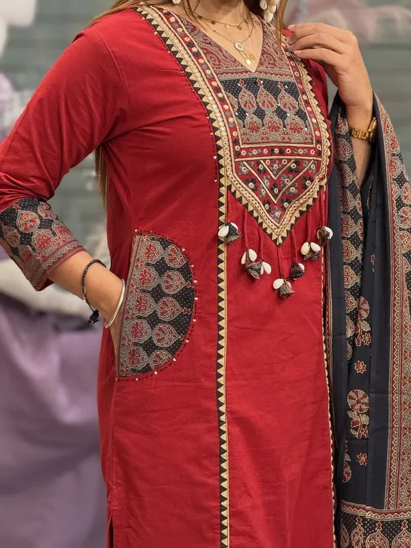 Red_Cotton_Ajrakh_Patchwork_Kurta_Set_For_Women