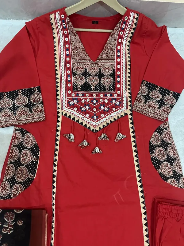 Red_Cotton_Ajrakh_Patchwork_Kurta_Set_For_Women