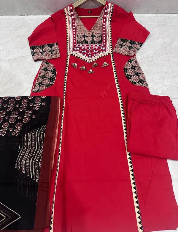 Red_Cotton_Ajrakh_Patchwork_Kurta_Set_For_Women