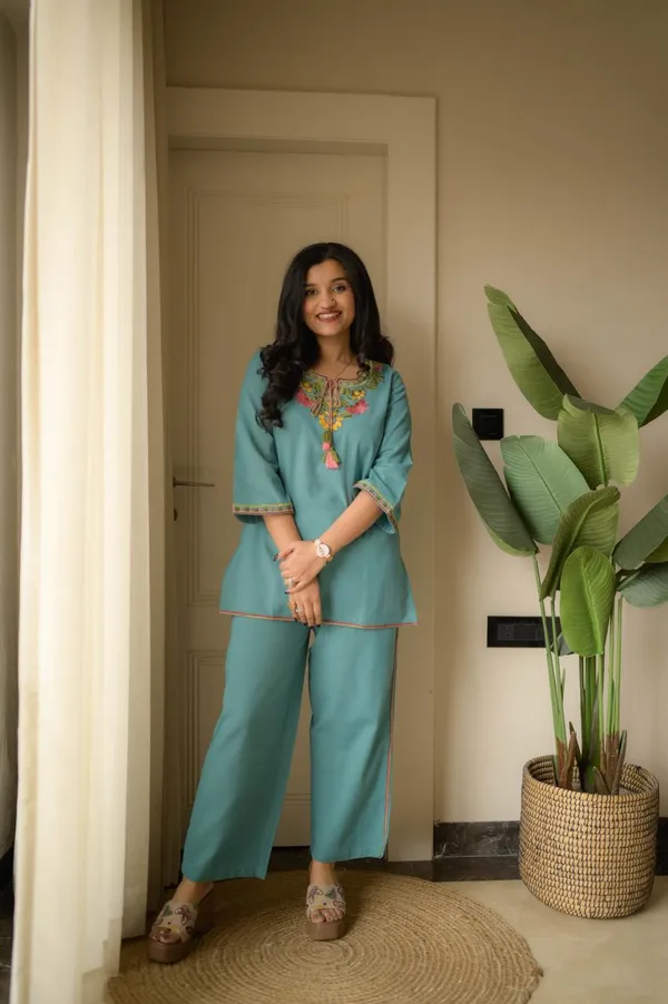 Teal_Blue_Cotton_Embroidered_Co_Ord_Set_For_Women