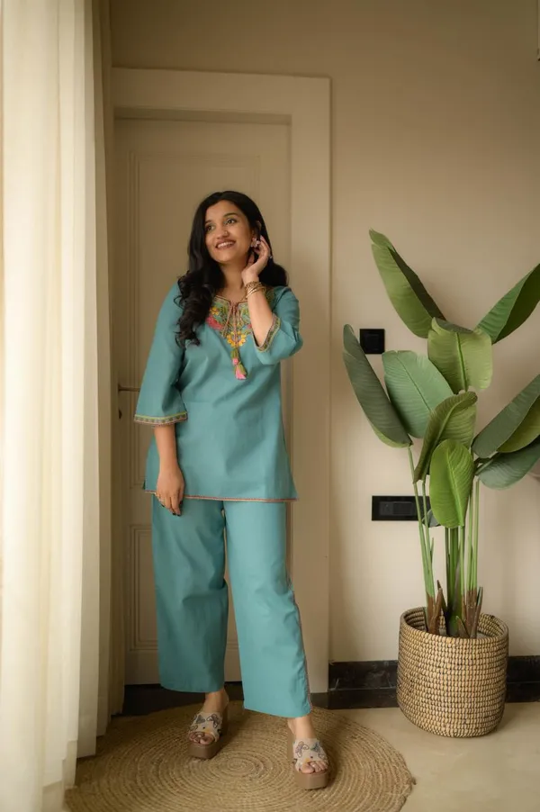 Teal_Blue_Cotton_Embroidered_Co_Ord_Set_For_Women