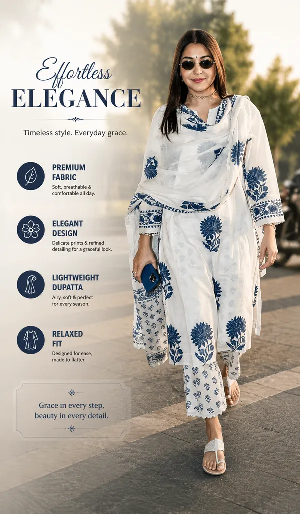 Blue_And_White_Floral_Cotton_Kurta_Set_For_Women