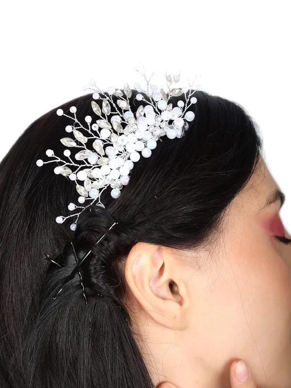 White_1_Pc_Hair_Brooch_Comb_Silver_Pearl_With_Silver_Stone_Bride_Wedding_Hair_Piece_Crystal_Pearl_Hair_Accessories_For_Women