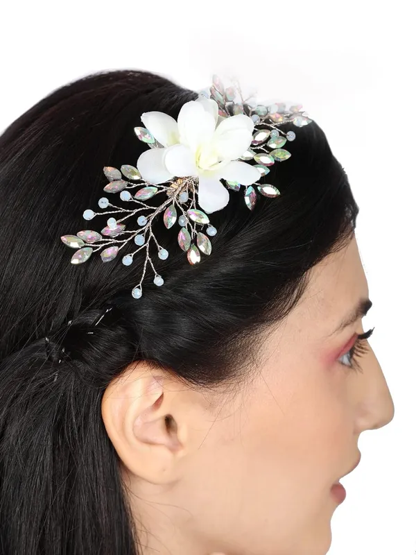 White_1_Pc_Hair_Flower_Brooch_White_Flowers_With_White_Multi_Stone_And_Pearls_Pin_Comb_Hair_Accessories_For_Bridal_._For_Women