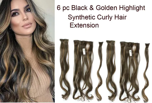 Golden_And_Black_Curly_6_Pc_Curly_Silky_&_Natural_Feeling_Long_Clip_On_Synthetic_Hair_Extension_For_Women