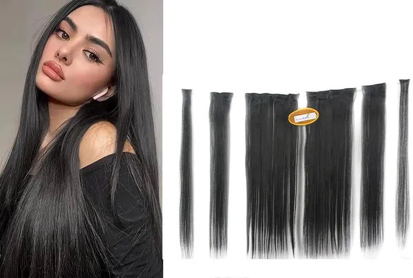 Black_Straight_6_Pc_Straight_Silky_&_Natural_Feeling_Long_Clip_On_Synthetic_Hair_Extension_For_(_Straight)_For_Women