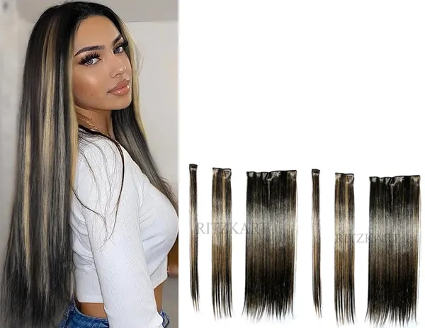 Golden_And_Black_Straight_6_Pc_Straight_Silky_&_Natural_Feeling_Long_Clip_On_Synthetic_Hair_Extension_For_Women