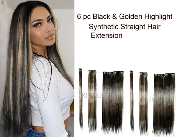 Golden_And_Black_Straight_6_Pc_Straight_Silky_&_Natural_Feeling_Long_Clip_On_Synthetic_Hair_Extension_For_Women