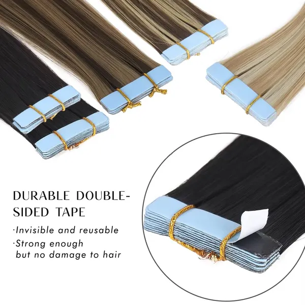 Brown-Blond_Mix_Synthetic_Hair_Tape-In_Extensions_&_-_Double_Sided_Tape_Natural_Straight_Soft_&_Silky_Long_Hair_Natural_Synthetic_Hairpiece_-_10_Pc_Set_Seamless_Tape-In_Extensions_For_Women