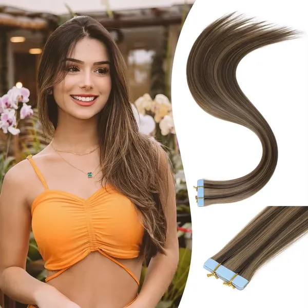 Brown-Blond_Mix_Synthetic_Hair_Tape-In_Extensions_&_-_Double_Sided_Tape_Natural_Straight_Soft_&_Silky_Long_Hair_Natural_Synthetic_Hairpiece_-_10_Pc_Set_Seamless_Tape-In_Extensions_For_Women