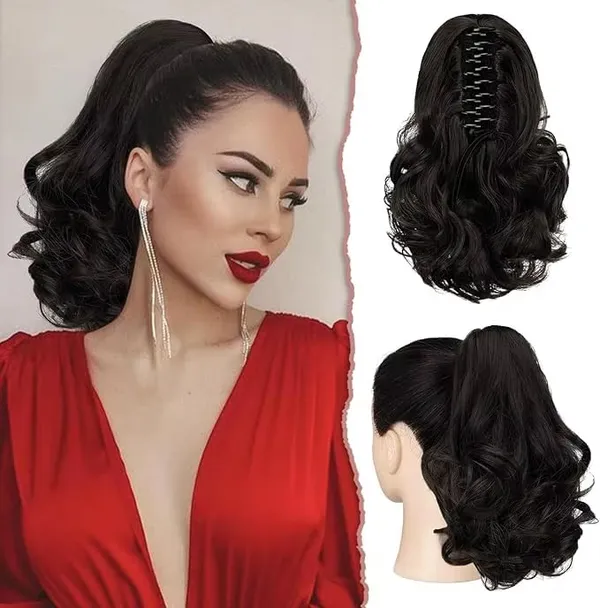 Black_Claw_Hair_Extension_12_Inch_Short_Synthetic_Wavy_Ponytail_Hair_Extension_For_Curly_Hair_Ponytail_With_Secure_Clip_Claw_Natural-Looking_Long_Hairpiece_For_Easy_Styling_For_Women