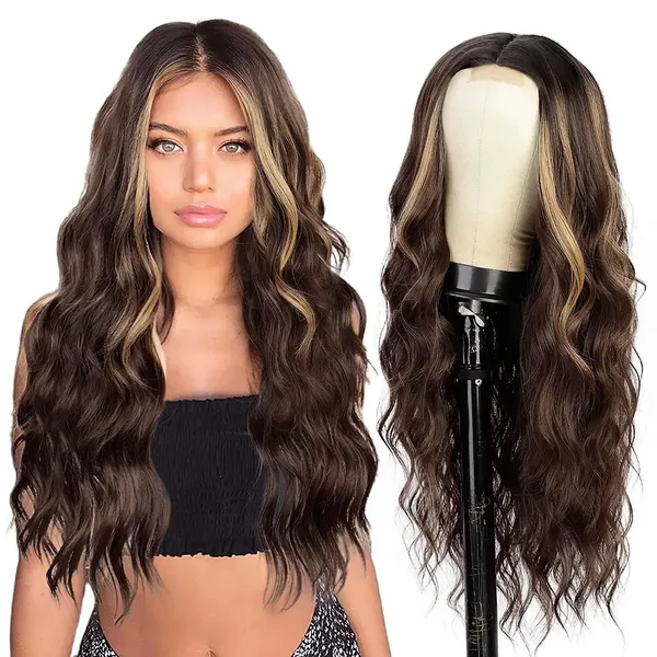 Brown_With_Golden_Lace_Front_Hair_Wig_With_Middle_Part_Design_28_Inch_Long_Wavy_Synthetic_Fiber_Mix_Hair_Wig_Natural-Looking_Soft_Texture_That_Feels_Like_Real_Hair_For_Women