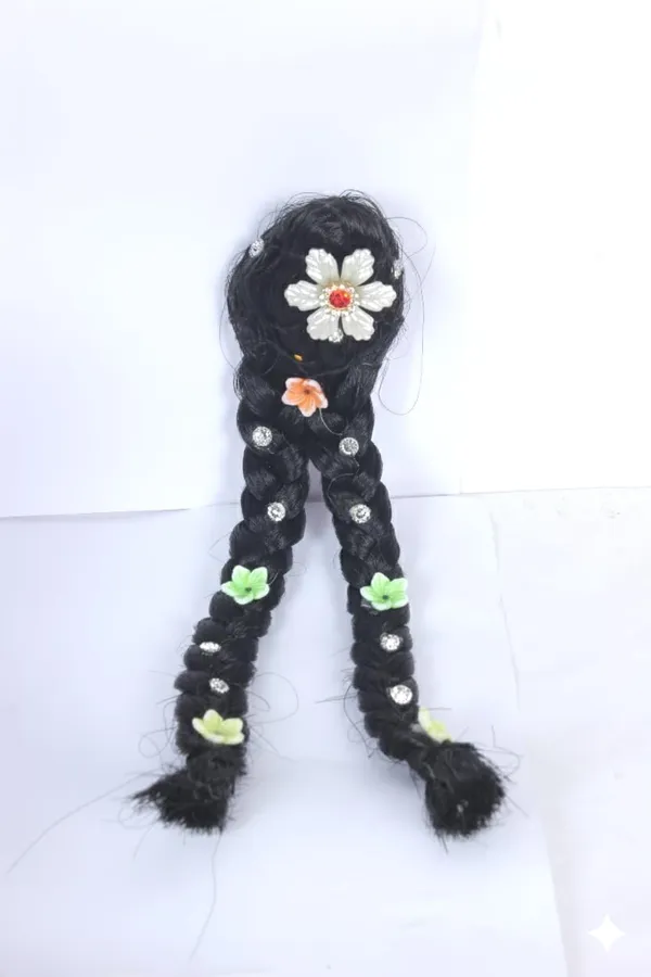 Black_Radha_Rani_Hair_Wig_With_2_Choti_(5_6_&_7_Inch)_With_Handmade_Flower_&_Stone_Work_Decorative_Designer_Choti_For_Devi_Maa_Suitable_For_2_To_6_No._Head_Sizes_Free_Seva_Ittar_Worth_(3_No.(6_Inch))_For_Women