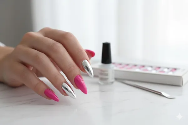 Pink_And_Silver_Fake_Nails_False_Nails_Stick_On_Extension_Kit_Press_On_Nails_Nail_Art_Kit_Korean_Style_(_Set_Of_24_Pcs)_For_Women