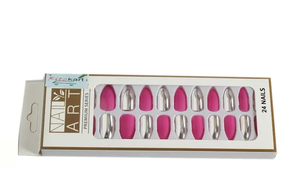 Pink_And_Silver_Fake_Nails_False_Nails_Stick_On_Extension_Kit_Press_On_Nails_Nail_Art_Kit_Korean_Style_(_Set_Of_24_Pcs)_For_Women
