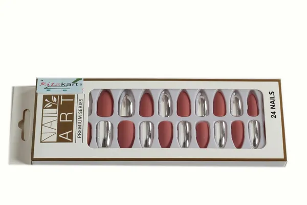 Peach_Silver_Fake_Nails_False_Nails_Stick_On_Extension_Kit_Press_On_Nails_Nail_Art_Kit_Korean_Style_(_Set_Of_24_Pcs)_For_Women