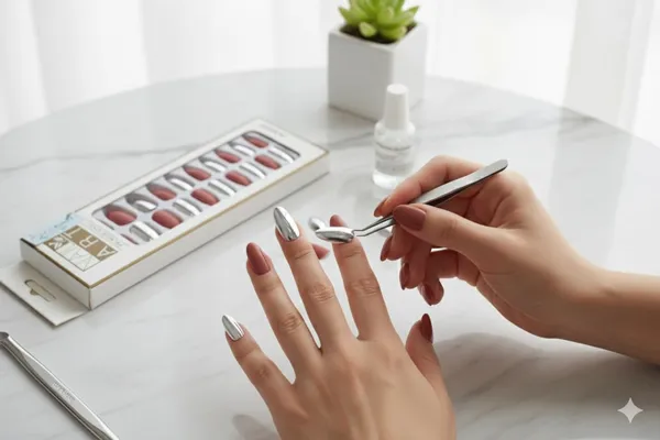 Peach_Silver_Fake_Nails_False_Nails_Stick_On_Extension_Kit_Press_On_Nails_Nail_Art_Kit_Korean_Style_(_Set_Of_24_Pcs)_For_Women
