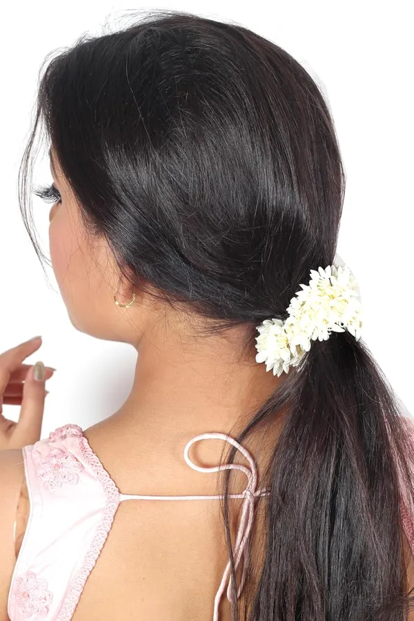 White_Hair_Gajra_For_Hair_Bun_Artificial_Mogra_Jasmine_Juda_Gajra_Stylish_Colourful_Flower_Hair_Accessories_Hair_Tie_Scrunchies_Rubber_Band_For_Wedding_&_Festive_Look_For_Women
