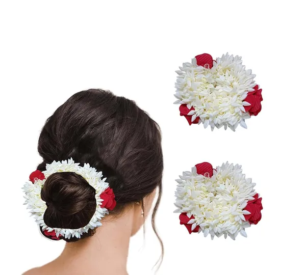 White_And_Red_Mix_Hair_Gajra_For_Hair_Bun_Artificial_Mogra_Jasmine_Juda_Gajra_Stylish_Colourful_Flower_Hair_Accessories_Hair_Tie_Scrunchies_Rubber_Band_For_Wedding_&_Festive_Look_For_Women