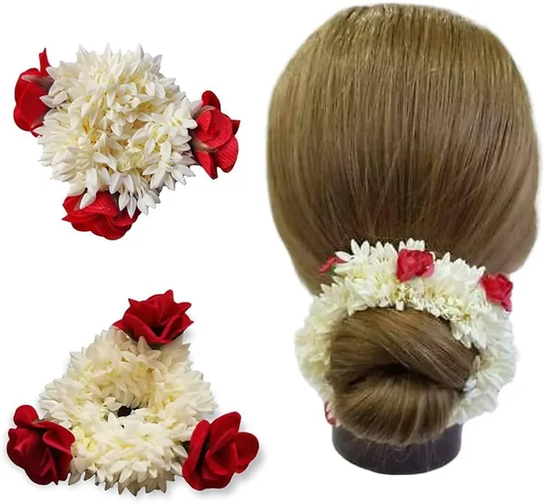 White_And_Red_Mix_Hair_Gajra_For_Hair_Bun_Artificial_Mogra_Jasmine_Juda_Gajra_Stylish_Colourful_Flower_Hair_Accessories_Hair_Tie_Scrunchies_Rubber_Band_For_Wedding_&_Festive_Look_For_Women