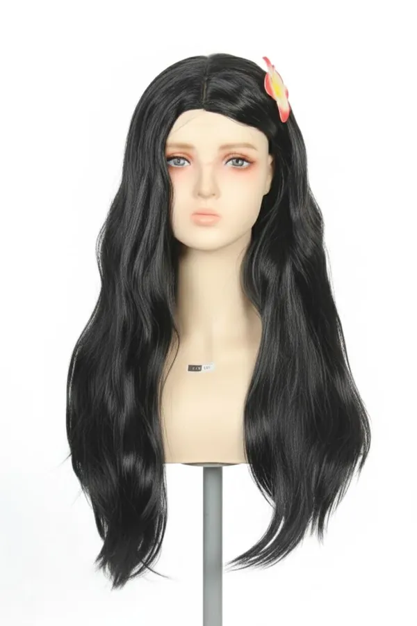Black_Wig_24_Inch_Straight_Synthetic_Hair_With_Beautiful_Flower_Accessory_Centre_Part_Design_Shiny_Lightweight_Wig_Easy_To_Wear_&_Remove_Cap_1820_Inch_For_Women