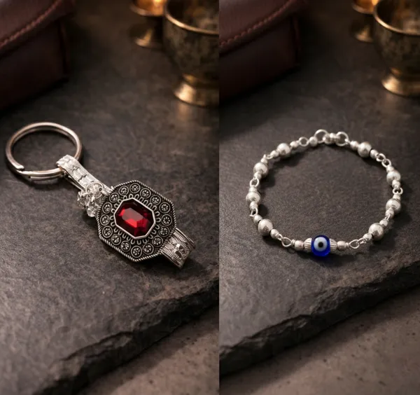 White_Brass_Real_Silver_Plated_Keychain_&_Evil_Eye_Bracelet_Combo