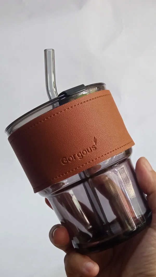 Multicolor_Glass_Tumbler_With_Leather_Sleeve,_Amber_Straw_Lid,_350Ml_Capacity