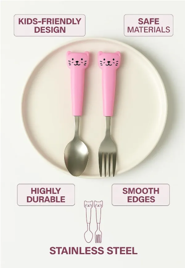 Multicolor_Stainless_Steel_Cutlery_Set_With_Cat_Design,_Safe_Materials,_Smooth_Edges,_2-Piece_Fork_And_Spoon_For_Kids
