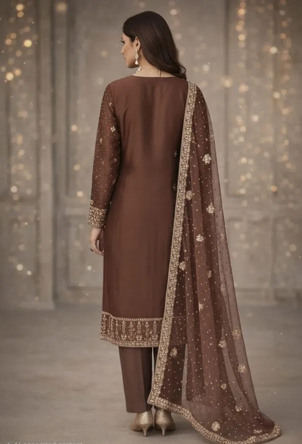 Coffee_Gabardine_Silk_Unstitched_Suit_For_Women