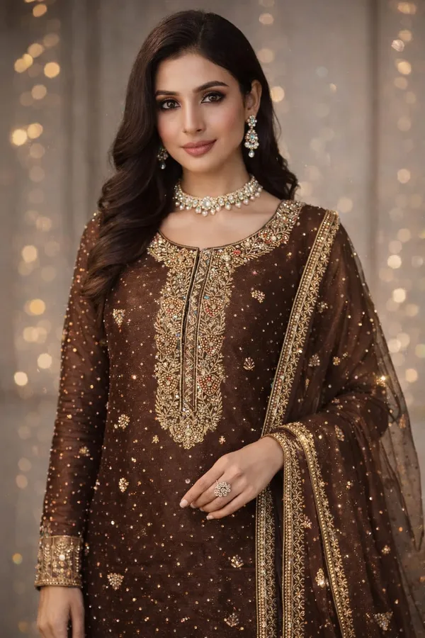 Coffee_Gabardine_Silk_Unstitched_Suit_For_Women