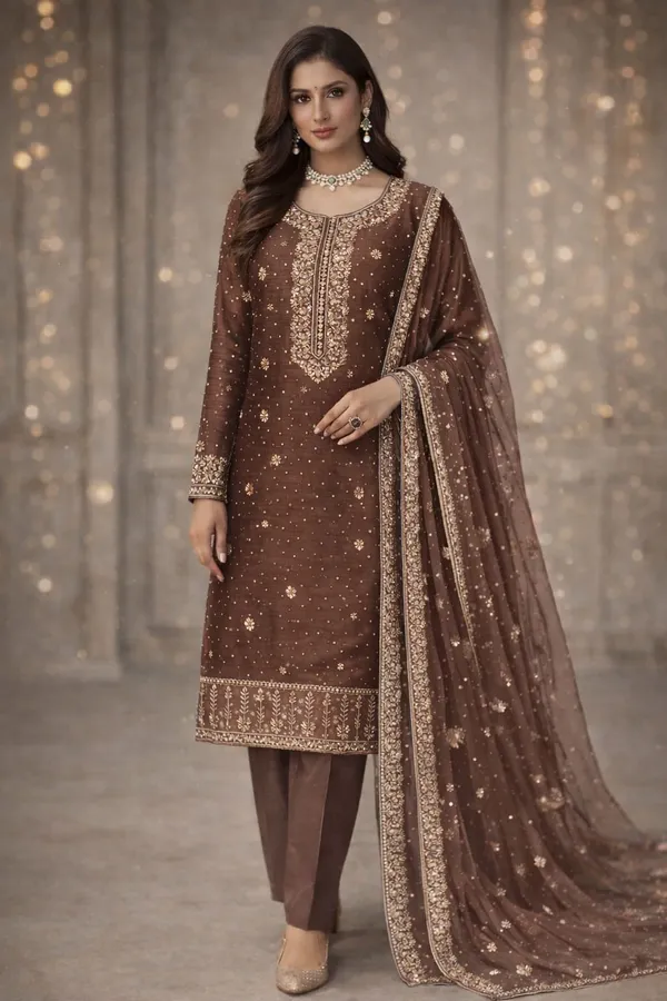 Coffee_Gabardine_Silk_Unstitched_Suit_For_Women