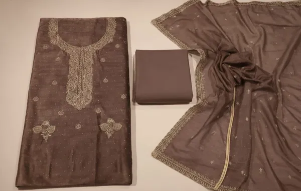 Coffee_Gabardine_Silk_Unstitched_Suit_For_Women