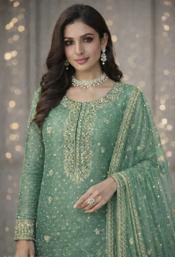 Green_Gabardine_Silk_Unstitched_Suit_For_Women