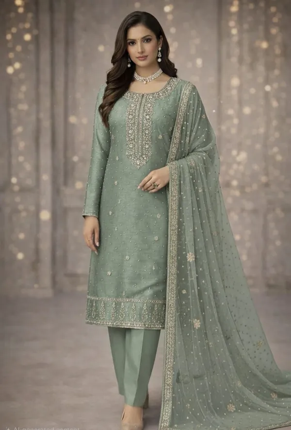 Green_Gabardine_Silk_Unstitched_Suit_For_Women